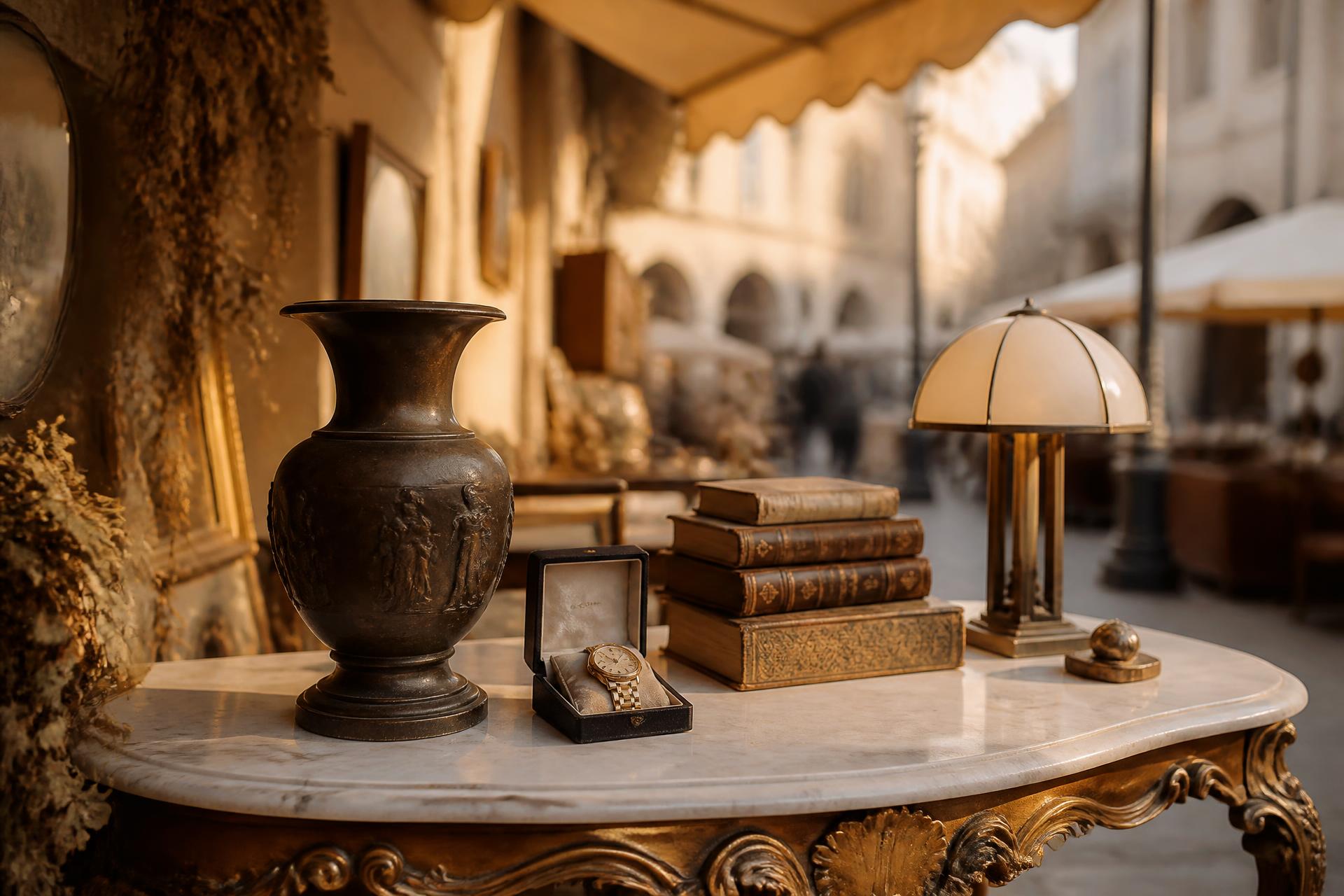 Étal d'antiquaire : vase en bronze, montre vintage, livres anciens et lampe art déco sur une console en marbre